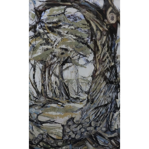 155 - Roy Miller, watercolour and gouache woodland, signed, 64.5cm x 40cm, in white frame,