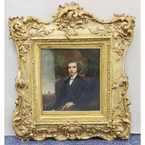 162 - An oil on porcelain half-length portrait of a seated young gentleman, 12cm x 11cm, in gilt frame