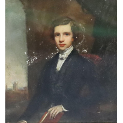 162 - An oil on porcelain half-length portrait of a seated young gentleman, 12cm x 11cm, in gilt frame