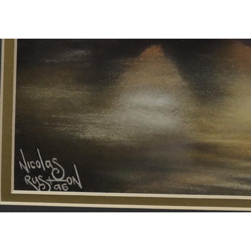 164 - Nicholas Ruston, pastel, depicting charging rhino, signed and dated '96, 20cm x 32cm, in gilt frame,