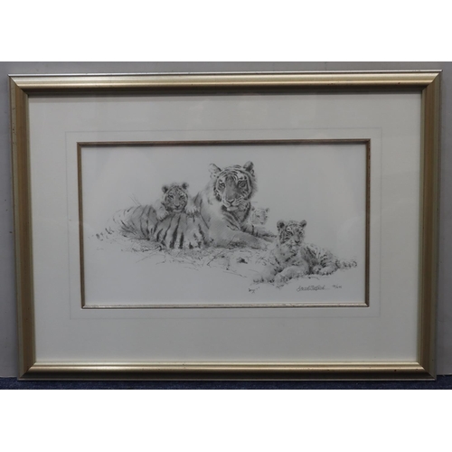 166 - David Shepherd, signed limited edition black and white print depicting tigress and cubs, signed in p... 