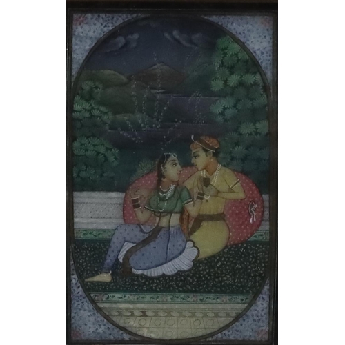 171 - A Persian Mogul depicting 2 seated lovers,13.5cm x 8cm, in gilt frame  and 2 framed Persian manuscri... 