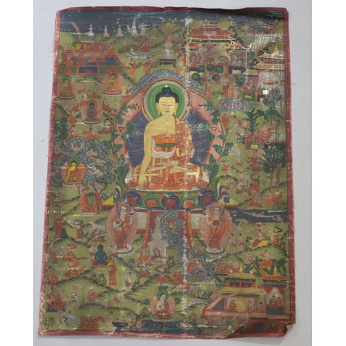 172 - An Eastern oil on canvas with centre seated Buddha surrounded by various other figures, Devils, buil... 