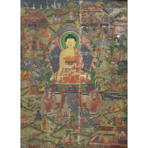 172 - An Eastern oil on canvas with centre seated Buddha surrounded by various other figures, Devils, buil... 