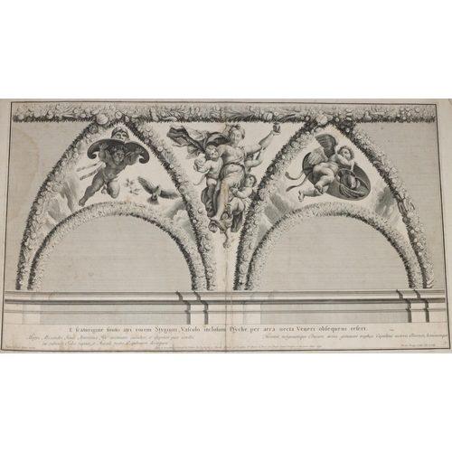 177 - 2 antique black and white Continental prints depicting various figures and cupids, approx.  48cm x 7... 