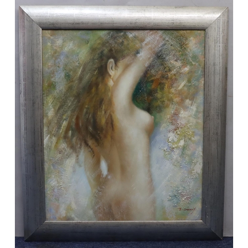 186 - Z. Danny, modern oil on canvas, half-length portrait of a female nude, signed, 60cm x 50cm, in silve... 