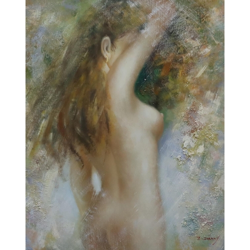 186 - Z. Danny, modern oil on canvas, half-length portrait of a female nude, signed, 60cm x 50cm, in silve... 