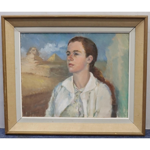 187 - An oil on canvas shoulder length portrait of a young girl with Egyptian pyramids in background, unsi... 