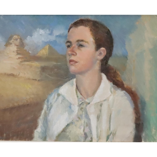 187 - An oil on canvas shoulder length portrait of a young girl with Egyptian pyramids in background, unsi... 