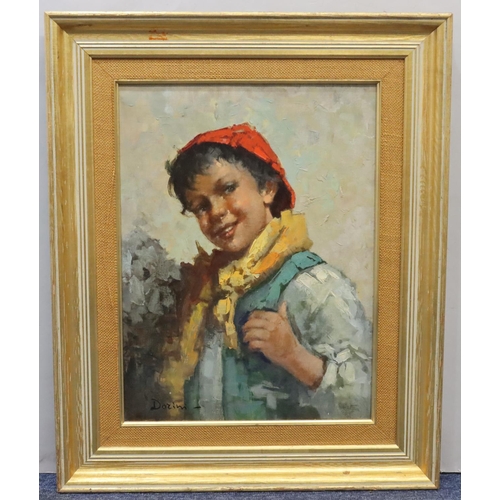 188 - Augustus Dorini, Continental oil on canvas half-length portrait of a young child, signed, 39.5cm x 2... 