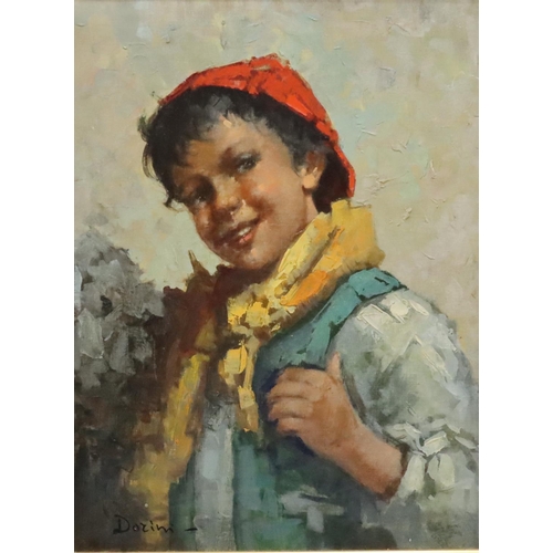 188 - Augustus Dorini, Continental oil on canvas half-length portrait of a young child, signed, 39.5cm x 2... 