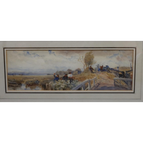 189 - T. Winter watercolour depicting horse and figures pulling boat in to lock, indistinctly signed, 12cm... 