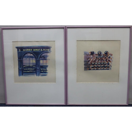 190 - Glynn Boyd Harte pair of pastels depicting rack of wine and shop front Berry Bros & Rudd, both signe... 