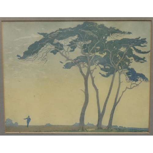 193 - Emile Antoine Verpilleux, coloured woodcut depicting figure by tree, 17.5cm x 22.5cm, in gilt and bl... 