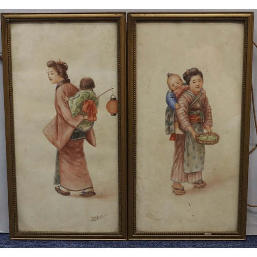 206 - Tsutaya Ryuko, pair of Japanese watercolours depicting ladies carrying children upon their backs, bo... 