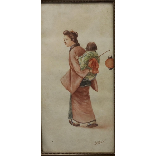 206 - Tsutaya Ryuko, pair of Japanese watercolours depicting ladies carrying children upon their backs, bo... 