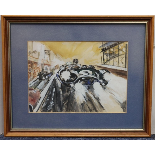 207 - A watercolour of GP racing car on track, 17 x 23.5cm framed