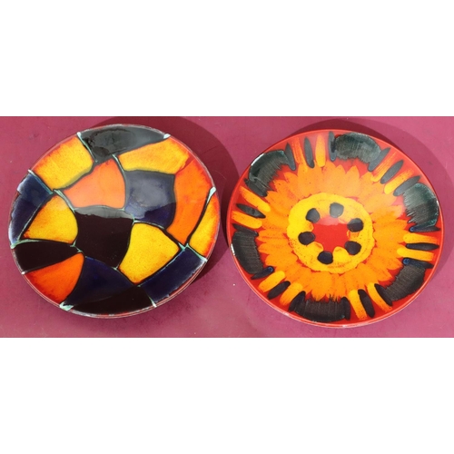 22 - 2 Poole round dishes on vibrant red, blue, orange and black ground, 26.5cm diameter (2)