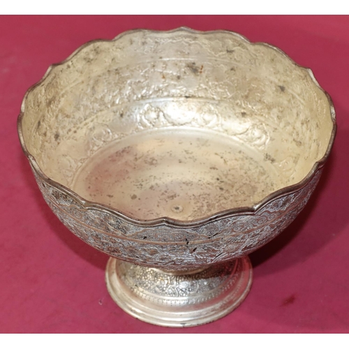 226 - A Continental 900 silver coloured metal round bowl with crinkled rim and allover embossed floral, le... 