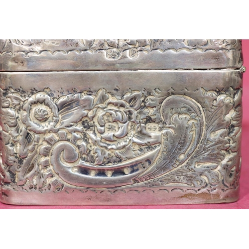 227 - A Victorian silver rectangular shaped cigarette box with allover embossed floral, leaf and scroll de... 