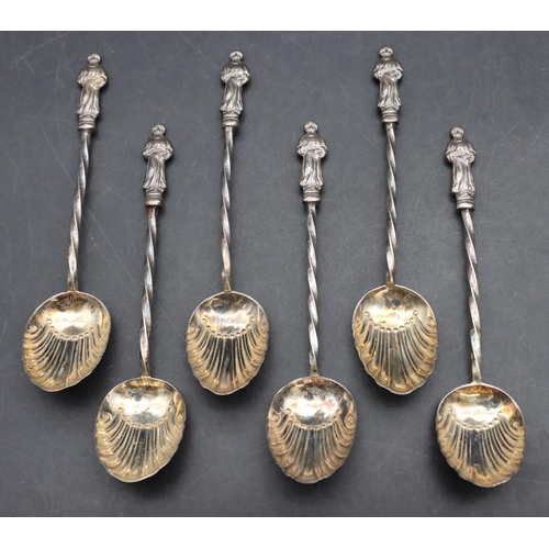 233 - A set of 6 Birmingham silver Apostle teaspoons with twist stems and shell shaped bowls, 2oz