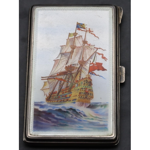 256 - A 925 imported and enamelled small cigarette case with hinged front depicting galleon at full sail w... 