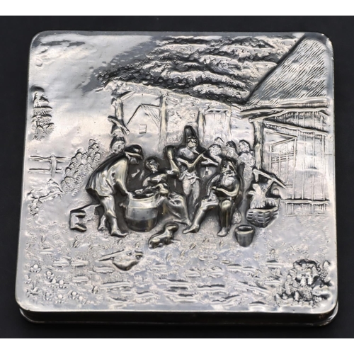 263 - A Continental silver coloured metal square compact, stamped ZPLA, with embossed hinged lid with vari... 