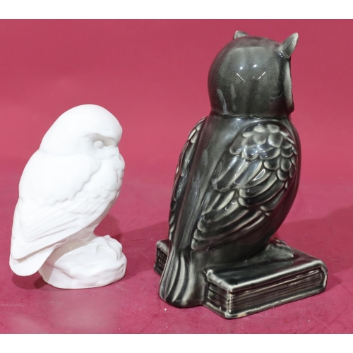 28 - A glazed figure of a standing owl upon a book on grey ground, 25cm high and a Poole white china figu... 