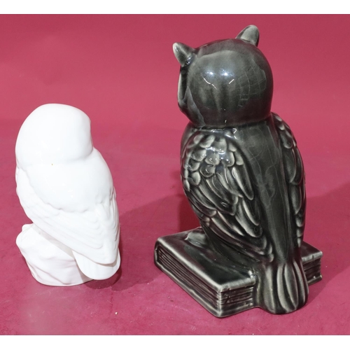 28 - A glazed figure of a standing owl upon a book on grey ground, 25cm high and a Poole white china figu... 