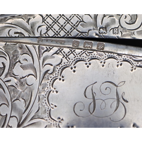 280 - A Birmingham silver concaved shaped card case with hinged top and allover engraved leaf and scroll d... 