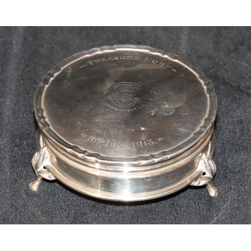 286 - A Birmingham silver round trinket box with engraved hinged lid depicting crest 