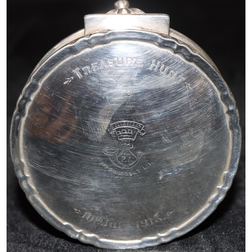 286 - A Birmingham silver round trinket box with engraved hinged lid depicting crest 