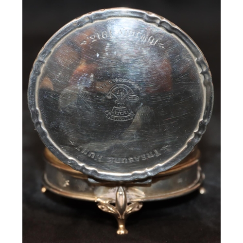 286 - A Birmingham silver round trinket box with engraved hinged lid depicting crest 