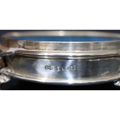 286 - A Birmingham silver round trinket box with engraved hinged lid depicting crest 