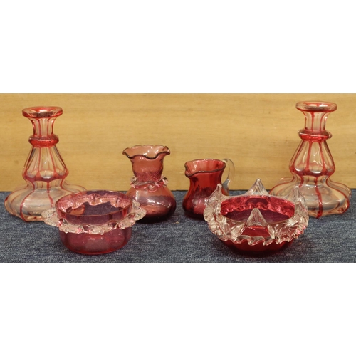 37 - 2 clear glass and cranberry octagonal bulbous shaped scent bottles (no stoppers), 13.5cm high and 4 ... 