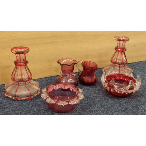 37 - 2 clear glass and cranberry octagonal bulbous shaped scent bottles (no stoppers), 13.5cm high and 4 ... 