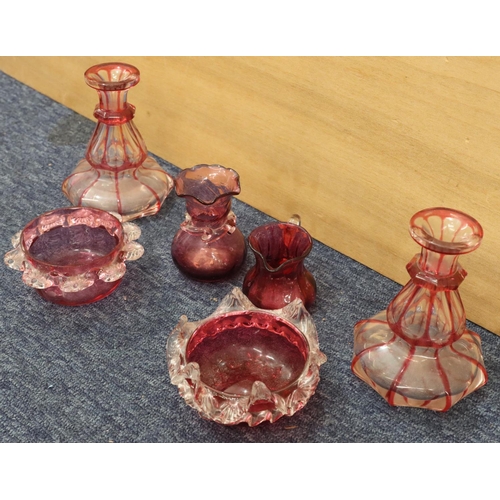 37 - 2 clear glass and cranberry octagonal bulbous shaped scent bottles (no stoppers), 13.5cm high and 4 ... 