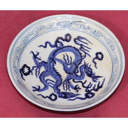 45 - An Oriental blue and white small circular dish with dragon decoration, 17.7cm diameter