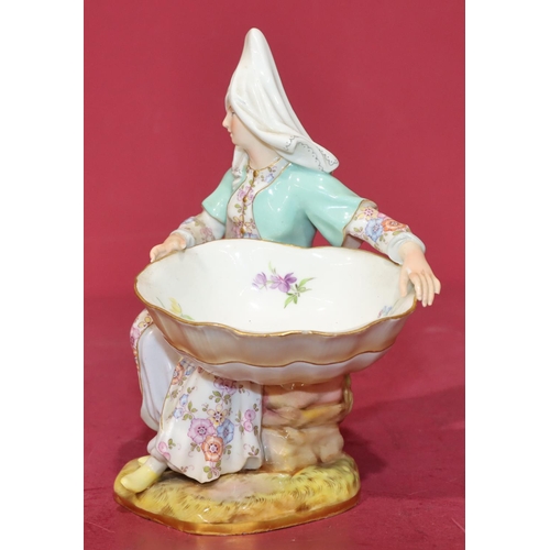 54 - A Meissen salt in the form of a seated young lady holding a shell with multi-coloured floral and lea... 