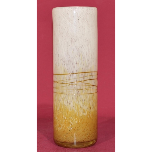 55 - A cylindrical Studio glass vase on white and yellow ground, 31cm high