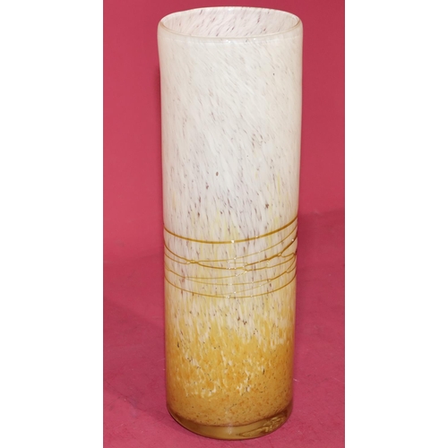 55 - A cylindrical Studio glass vase on white and yellow ground, 31cm high