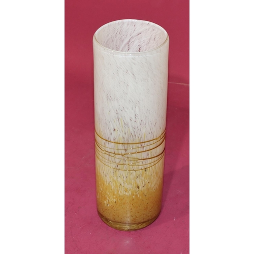 55 - A cylindrical Studio glass vase on white and yellow ground, 31cm high