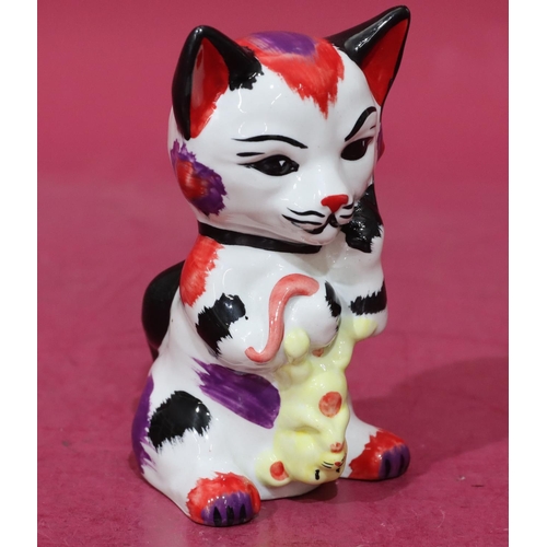 6 - A Lorna Bailey Art Deco style china figure of a seated cat holding a mouse, 12.5cm high