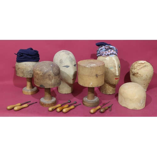 616 - 5 various Milliner wooden heads and various tools etc., largest 32cm high