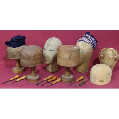 616 - 5 various Milliner wooden heads and various tools etc., largest 32cm high