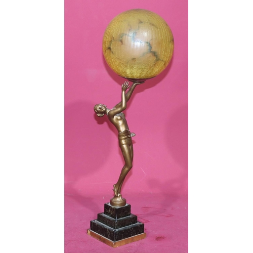 626 - An Art Deco spelter table lamp in the form of a half-naked standing lady holding a circular shade, o... 