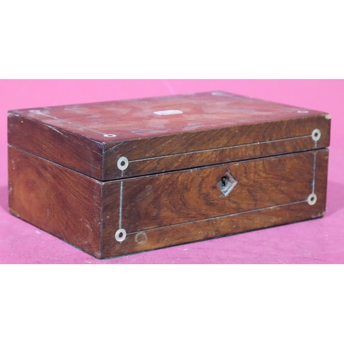 628 - A 19th Century small rosewood rectangular shaped jewellery box with part inlaid Mother of Pearl deco... 