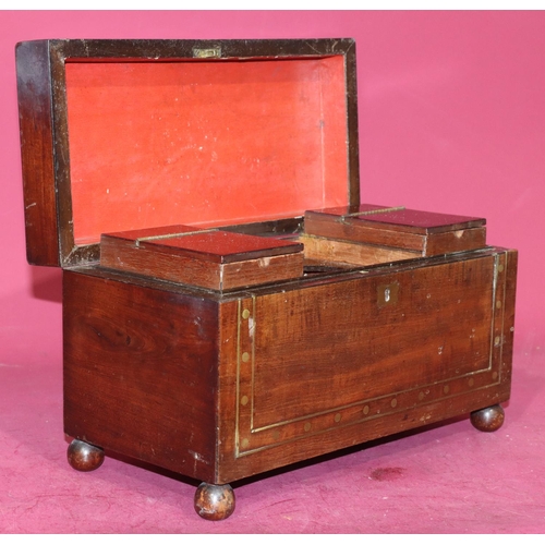 629 - A 19th Century mahogany rectangular shaped tea caddy with allover inlaid brass decoration, hinged li... 