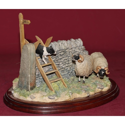 638 - The Borders Fine Arts group by Ayers, depicting sheepdog crossing step bridge with 2 sheep, on mahog... 