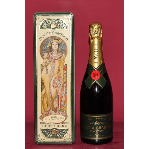 650 - Moet & Chandon champagne, 1 bottle 1988 Vintage, in presentation tin for Alphonse Mucha